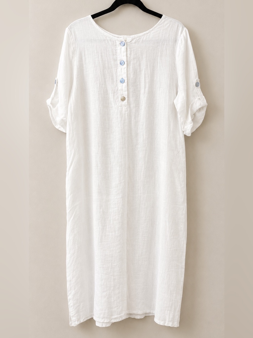 Lightweight White Linen Tunic Dress with Button Pockets, Italy L - Picture 2 of 4